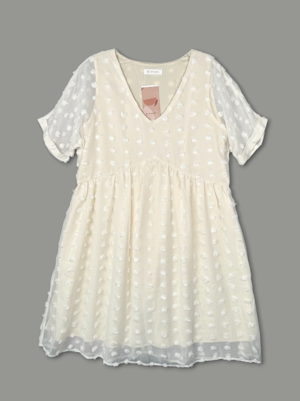 KIRUNDO‎ Swiss Dot Babydoll Mini Dress S Cream V Neck Flowy Chiffon